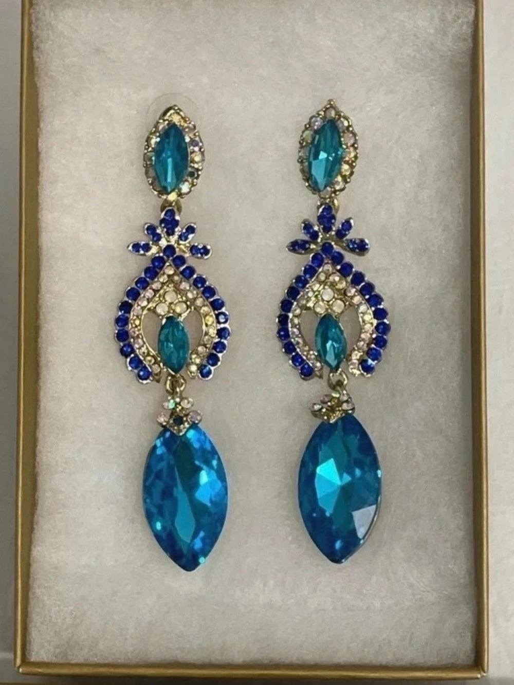 bebe Crystal Drop Earrings in Blue & Gold Like New